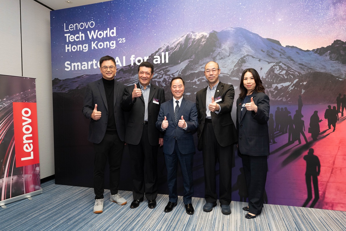 Ir Tony Wong, Commissioner for Digital Policy (middle), in group photo with Mr Richard Wong, Vice President of Greater Bay Area International Information Technology Industry Association (GBAITA) (2nd left), Mr Hu Bing, General Manager, Technology Operations Department, China Taiping Insurance Group Ltd. (2nd right), Mr Ken Wong, Executive Vice President & President of Solutions and Services Group, Lenovo (leftmost) and Ms Serena Cheung, General Manager, Hong Kong & Macau, Lenovo (rightmost) at the “Lenovo Tech World Hong Kong ’25”