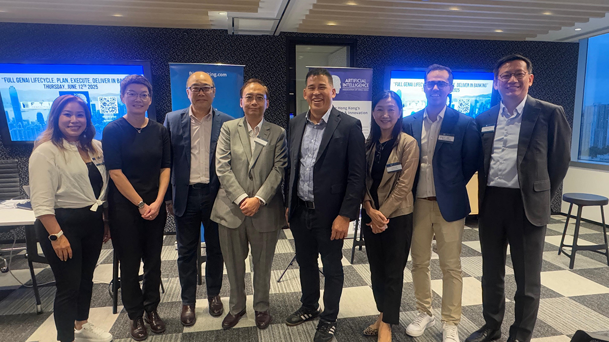 Mr George Chan, Chief Systems Manager (Data Applications) 2 (4th left), in group photo with other guest speakers at the “The AI Compass Policy Directions and Sandbox Learnings”.
