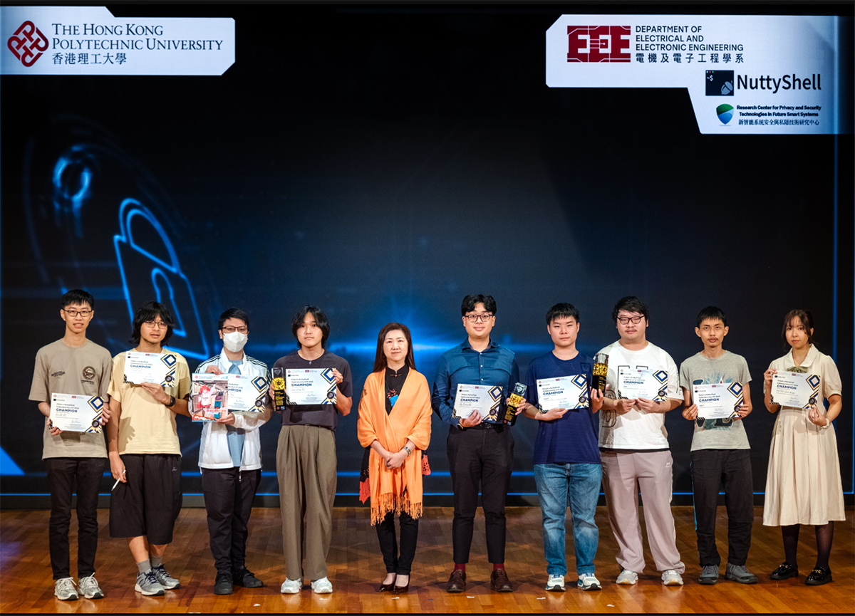 Ms Candy Chan, Assistant Commissioner (Project Governance and Cybersecurity), in a group photo with the awardees at “PolyU x NuttyShell Cybersecurity CTF 2025 Prize Presentation Ceremony”.