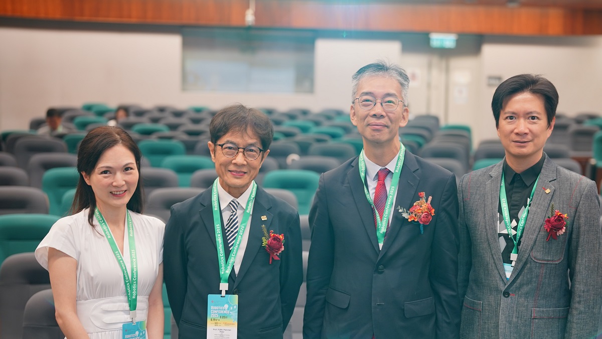 Mr Donald Mak, Acting Commissioner for Digital Policy (second right), in group photo with Prof. Peter Yuen, Dean, CPCE, PolyU (second left); Dr Jason Chan, Associate Dean (Information and Development) and Head of Information Technology, CPCE, PolyU (first right); and Dr Stephanie Lee, Associate Head, Social Sciences, Humanities and Design, CPCE, PolyU (first left); at the “Robotics Conference 2025”.