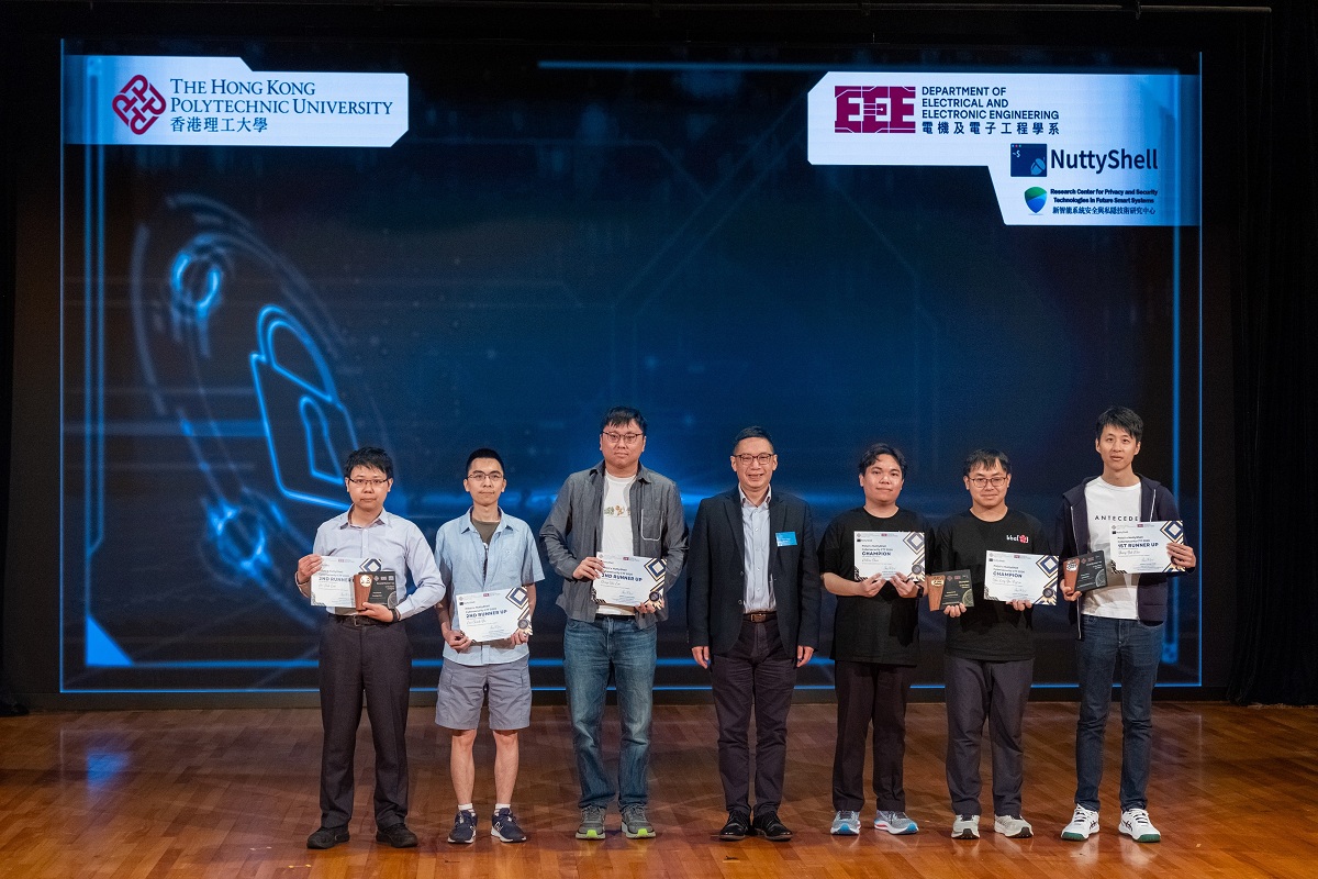 The Chief Systems Manager (Project Governance and Cybersecurity), Mr Rick Chan, in a group photo with the awardees at “PolyU x NuttyShell Cybersecurity CTF 2026 Prize Presentation Ceremony”.
