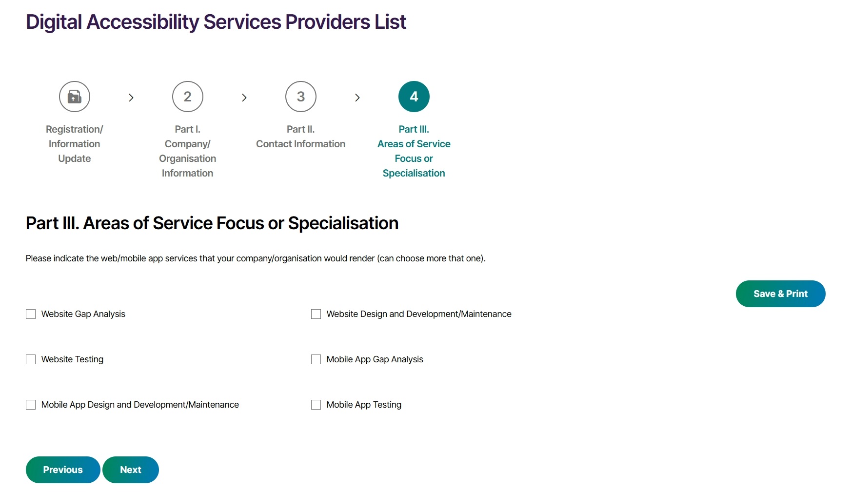 Part III. Areas of Service Focus or Specialisation