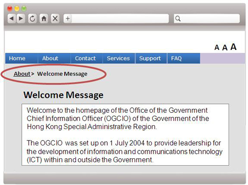 A webpage sample containing a breadcrumb trail to indicate location.