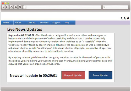A webpage sample containing live news updates with a feature implemented to request or pause the updates. A webpage sample containing live news updates with a feature implemented to request or pause the updates.