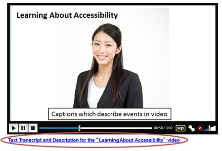 A webpage sample containing a video recording with a text transcript and description.