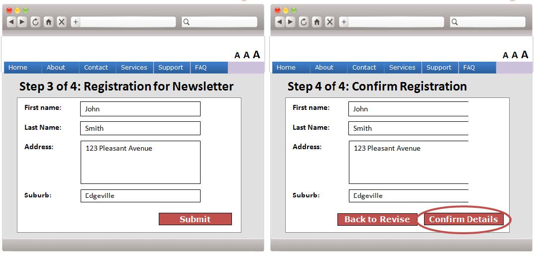 A web form sample which allows confirmation on details for newsletter registration before submission.