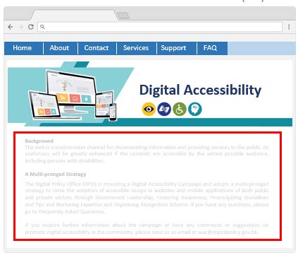 A website sample with large font and text resizing controls.