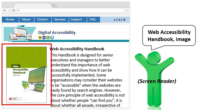 A website sample with a photograph and a text alternative that can be read by a screen reader.