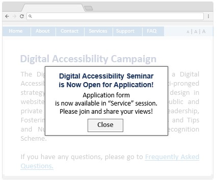 A webpage sample with a overlay containing a 'Close' button.
