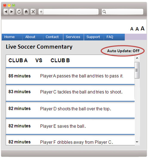A webpage sample containing an information ticker with controls that allow automatic updates to be turned ON or OFF.