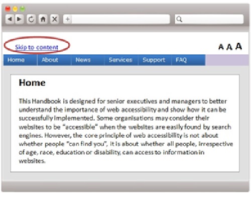 A webpage sample containing a “Skip” button to the content link at the top of the page above the navigation elements.