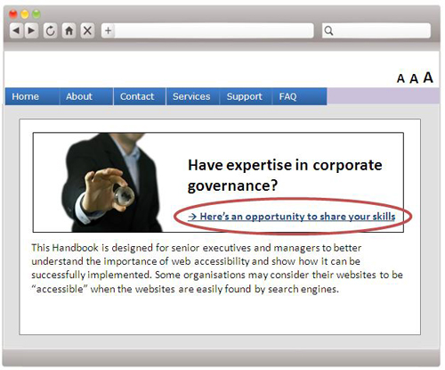 A webpage sample containing a link reads 'Here's an opportunity to share your skills'.