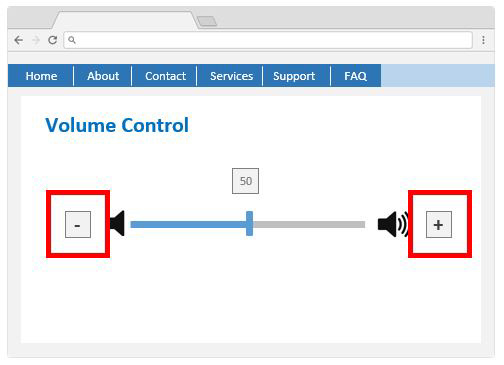 A webpage sample with a sliding bar and two buttons to adjust the volume.