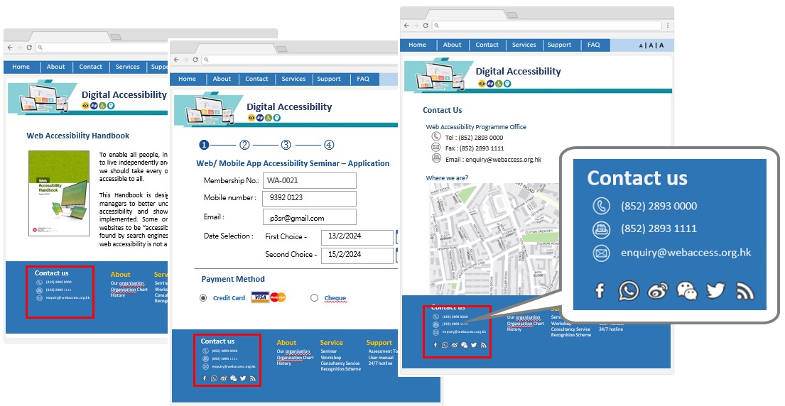 Contact section has place in the same position in different pages.
