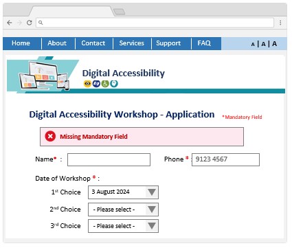 A web form sample with an error message 'The form contains errors'