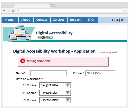 A web form sample with an error message 'Please use only numbers in the phone field'.