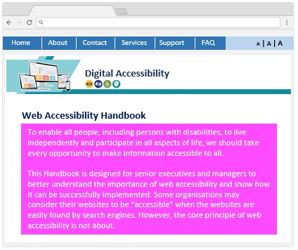 A webpage sample with poor colour contrast between the text and background.