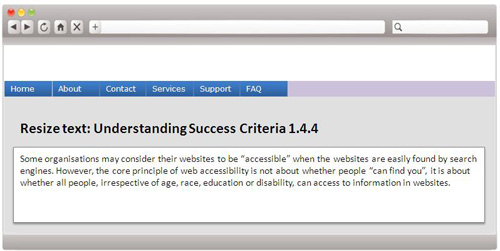 A webpage sample without a text resize function.
