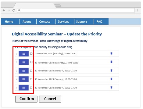 A session required drag action if user want to change the sequence.