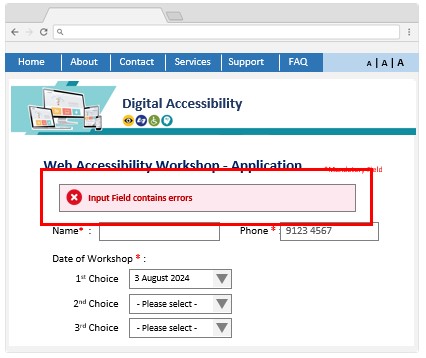 A webpage sample with a generic error message displayed at the bottom of a form containing input errors.