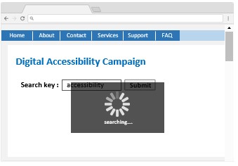 A webpage sample displayed with a spinning logo with a text 'Searching' embedded in the logo.  However screen reader cannot read the text “Searching” embedded in the spinning logo.