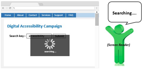 A webpage sample displayed with a spinning logo with a machine-readable text 'Searching' on the logo.  Screen reader can read the text 'Searching'.