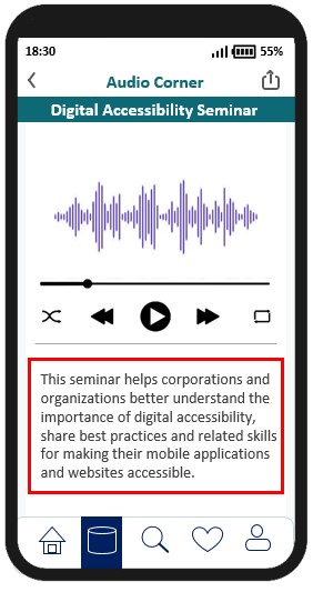 A sample mobile application page playing an audio with transcript added.