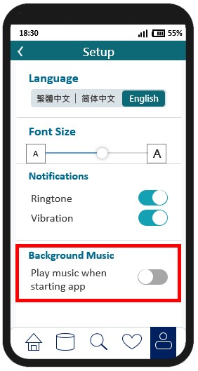 A sample mobile application setting page with the option to control the background music.