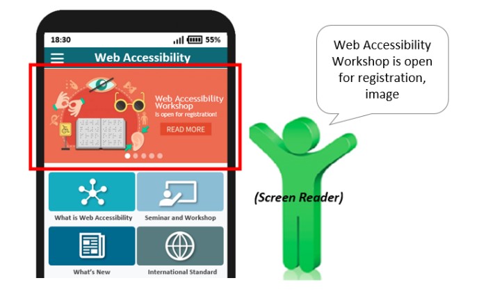 A sample mobile application page with a graphic and a text alternative that can be read by a screen reader.