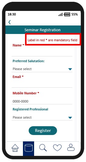 A sample mobile application page with an input form, where the mandatory fields’ labels are marked by adding asterisk and in red colour.