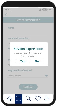 A sample mobile application page with a pop-up message which warns the user that there are only two minutes remaining and provides an option for user to extend the time limit.