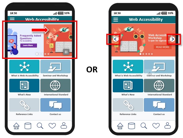 A sample mobile application page with an information ticker with controls that allow automatic updates to be turned on or off.