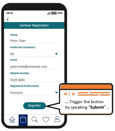 The visible text label of the "Register" button on the mobile app does not match the name of the voice input command executed