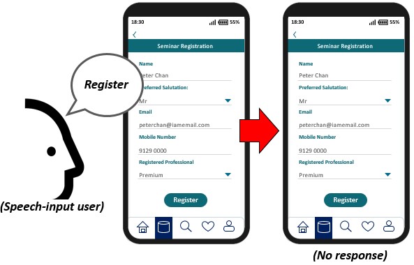 Speech-input command does not match with the visible text label. 