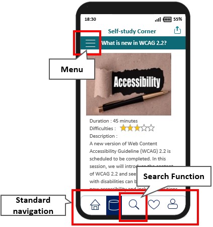 A sample mobile application page with a search function to access the content.