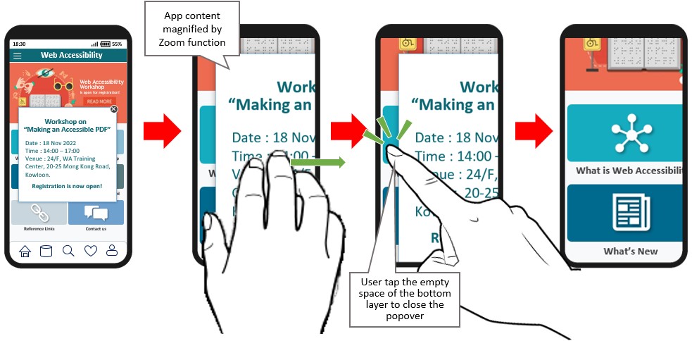 An alternative solution is provided so that Users using the magnification feature can tap outside of the popover to close it