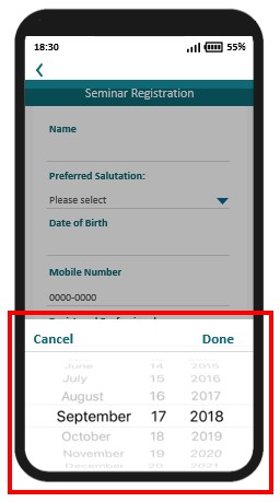 A sample mobile application page containing a date input field with instruction on the required date format.