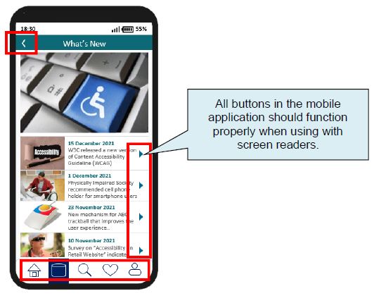 A sample mobile application page telling that all buttons should function properly when using with screen readers.