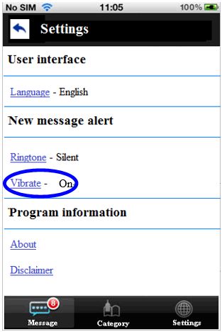 A sample mobile application setting page with both &ldquo;Ringtone&rdquo; and &ldquo;Vibrate&rdquo; options for the alert of new messages.