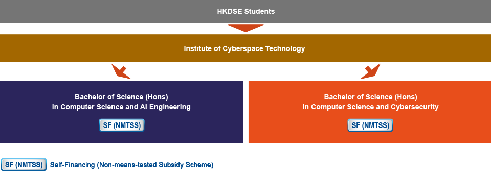 HKDSE students who are interested in studying IT-related programmes can apply for the Bachelor of Science (Hons) in Computer Science and AI Engineering (Self-financing (Non-means-tested Subsidy Scheme)), or Bachelor of Science (Hons) in Computer Science and Cybersecurity (Self-financing (Non-means-tested Subsidy Scheme)) under the Institute of Cyberspace Technology.