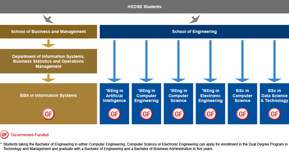 HKDSE students who are interested in studying IT-related programmes can select to admit to the School of Business and Management or the School of Engineering. For School of Business and Management, students can select BBA in Information Systems (Government-funded) under the Department of Information Systems, Business Statistics and Operations Management. For School of Engineering, students can choose to study BEng in Artificial Intelligence (Government-funded), BEng in Computer Engineering (Government-funded), BEng in Computer Science (Government-funded), BEng in Electronic Engineering (Government-funded), BSc in Computer Science (Government-funded), or BSc in Data Science and Technology (Government-funded).