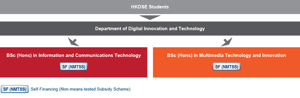 Under a 4-year curriculum, HKDSE students who are interested in studying IT-related programmes can apply for the Bachelor of Science (Honours) in Information and Communications Technology (Self-financing (Non-means-tested Subsidy Scheme)), or the Bachelor of Science (Honours) in Multimedia Technology and Innovation (Self-financing (Non-means-tested Subsidy Scheme)) under the Department of Digital Innovation and Technology.