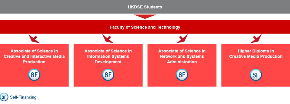 Under the Faculty of Science and Technology, HKDSE students who are interested in studying IT-related programmes can choose either Associate of Science in Creative and Interactive Media Production (self-financing), Associate of Science in Information Systems Development (self-financing), Associate of Science in Network and Systems Administration (self-financing), or Higher Diploma in Creative Media Production (self-financing).