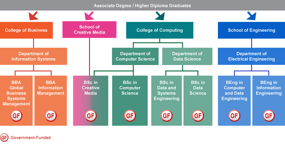 Relevant Associate Degree or Higher Diploma holders from a recognised institution who are interested in studying IT-related programmes can apply for either BBA Global Business Systems Management (government-funded) or BBA Information Management (government-funded) from the Department of Information Systems under the College of Business, BSc in Creative Media (government-funded) which is jointly offered by the School of Creative Media and the Department of Computer Science under the College of Computing, BSc in Computer Science (government-funded) from the Department of Computer Science under the College of Computing, BSc in Data and Systems Engineering (government-funded) or BSc in Data Science (government-funded) from the Department of Data Science under the College of Computing, BEng in Computer and Data Engineering (government-funded) or BEng in Information Engineering (government-funded) from the Department of Electrical Engineering under the College of Engineering.