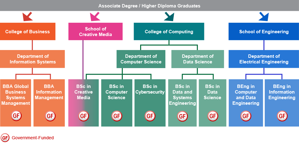 Relevant Associate Degree or Higher Diploma holders from a recognised institution who are interested in studying IT-related programmes can apply for either BBA Global Business Systems Management (government-funded) or BBA Information Management (government-funded) from the Department of Information Systems under the College of Business, BSc in Creative Media (government-funded) which is jointly offered by the School of Creative Media and the Department of Computer Science under the College of Computing, BSc in Computer Science (government-funded) or BSc in Cybersecurity (government-funded) from the Department of Computer Science under the College of Computing, BSc in Data and Systems Engineering (government-funded) or BSc in Data Science (government-funded) from the Department of Data Science under the College of Computing, BEng in Computer and Data Engineering (government-funded) or BEng in Information Engineering (government-funded) from the Department of Electrical Engineering under the College of Engineering.