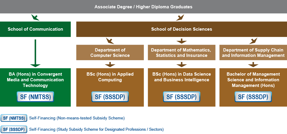 Associate degree / higher diploma graduates who are interested in studying IT-related programme can choose to study the BA (Hons) in Convergent Media and Communication Technology (BA-CMCT) (Self-financing (Non-means-tested Subsidy Scheme)) under the School of Communication, or choose among the three programmes under the School of Decision Sciences: the BSc (Hons) in Applied Computing (Self-financing (Study Subsidy Scheme for Designated Professions / Sectors)) under Department of Computer Science, the Bachelor of Science (Hons) in Data Science and Business Intelligence (BSC-DSBI) (Self-financing (Study Subsidy Scheme for Designated Professions / Sectors)) under the Department of Mathematics, Statistics and Insurance, and the Bachelor of Management Science and Information Management (Hons) (Self-financing (Study Subsidy Scheme for Designated Professions / Sectors)) under the Department of Supply Chain and Information Management.