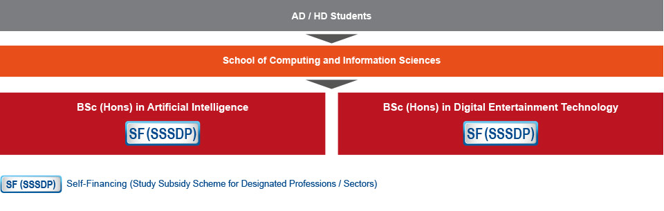 AD / HD students who are interested in studying IT-related programmes can apply for Year 2 or Year 3 Entry of the BSc (Hons) in Artificial Intelligence (self-financing (Study Subsidy Scheme for Designated Professions / Sectors)) or BSc (Hons) in Digital Entertainment Technology (self-financing (Study Subsidy Scheme for Designated Professions / Sectors)) under the School of Computing and Information Sciences.