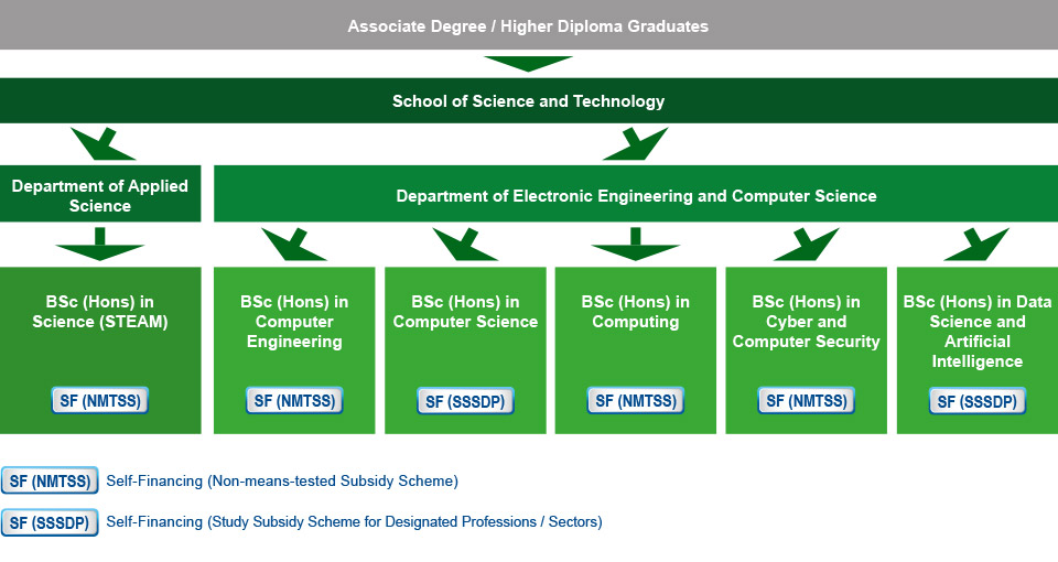 Associate degree / higher diploma graduates who are interested in studying IT-related programme can choose to study Bachelor of Science with Honours in Science (STEAM) (Self-financing (Non-means-tested Subsidy Scheme)) under the School of Science and Technology, Department of Applied Science; Bachelor of Science with Honours in Computing Engineering (Self-financing (Non-means-tested Subsidy Scheme)), Bachelor of Science with Honours in Computer Science (Self-financing(Study Subsidy Scheme for Designated Professions / Sectors)), Bachelor of Science with Honours in Computing (Self-financing (Non-means-tested Subsidy Scheme)), Bachelor of Science with Honours in Cyber and Computer Security (Self-financing (Non-means-tested Subsidy Scheme)), or Bachelor of Science with Honours in Data Science and Artificial Intelligence (Self-financing (Study Subsidy Scheme for Designated Professions / Sectors)) under the School of Science and Technology, Department of Electronic Engineering and Computer Science.