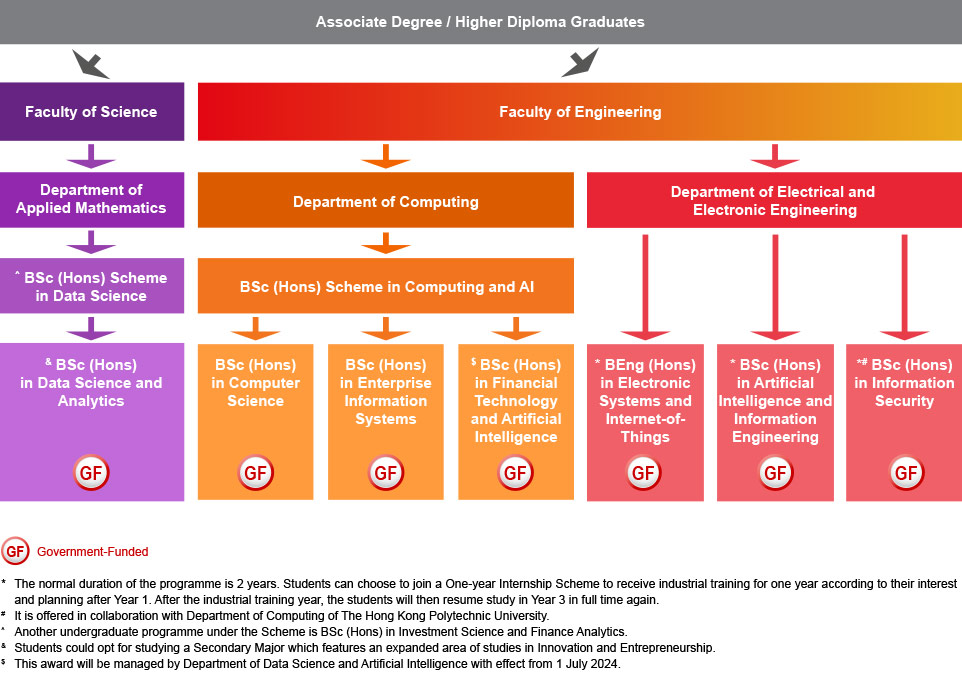 Relevant Associate Degree or Higher Diploma holders from a recognised institution who are interested in studying IT-related programmes can apply for BSc (Hons) in Data Science and Analytics (government-funded) under the BSc (Hons) Scheme in Data Science offered by the Department of Applied Mathematics, Faculty of Science (Note: Another undergraduate programme under the Scheme is BSc (Hons) in Investment Science and Finance Analytics. Moreover, students could opt for studying a Secondary Major which features an expanded area of studies in Innovation and Entrepreneurship.).; BSc (Hons) Scheme in Computing and AI (including BSc (Hons) in Computer Science (government-funded), BSc (Hons) in Enterprise Information Systems (government-funded), and BSc (Hons) in Financial Technology and Artificial Intelligence (government-funded) (Note: This award will be managed by Department of Data Science and Artificial Intelligence with effect from 1 July 2024.)) under the Department of Computing; BEng (Hons) in Electronic Systems and Internet-of-Things (government-funded), BSc (Hons) in Artificial Intelligence and Information Engineering (government-funded), or BSc (Hons) in Information Security (government-funded) (Note: This programme is offered in collaboration with the Department of Computing.) under the Department of Electrical and Electronic Engineering. Both the Department of Computing and the Department of Electrical and Electronic Engineering are under the Faculty of Engineering. For BEng (Hons) in Electronic Systems and Internet-of-Things, BSc (Hons) in Artificial Intelligence and Information Engineering and BSc (Hons) in Information Security programmes, students can choose to join a One-year Internship Scheme to receive industrial training for one year according to their interest and planning after Year 1. After the industrial training year, the students will then resume study in Year 3 in full time again.