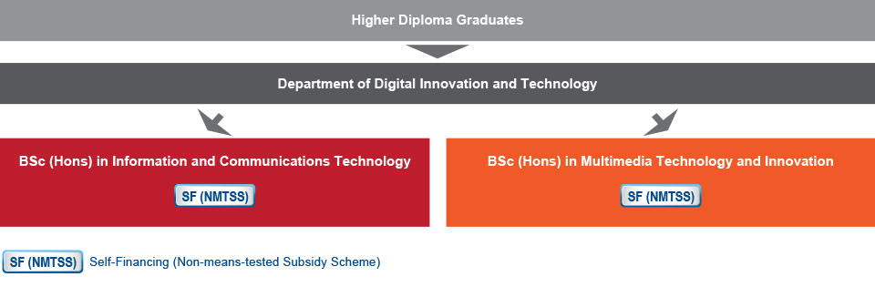 Higher Diploma graduates who are interested in studying IT-related programmes can choose to study the Bachelor of Science (Honours) in Information and Communications Technology (Self-financing (Non-means-tested Subsidy Scheme)), or the Bachelor of Science (Honours) in Multimedia Technology and Innovation (Self-financing (Non-means-tested Subsidy Scheme)) under the Department of Digital Innovation and Technology.